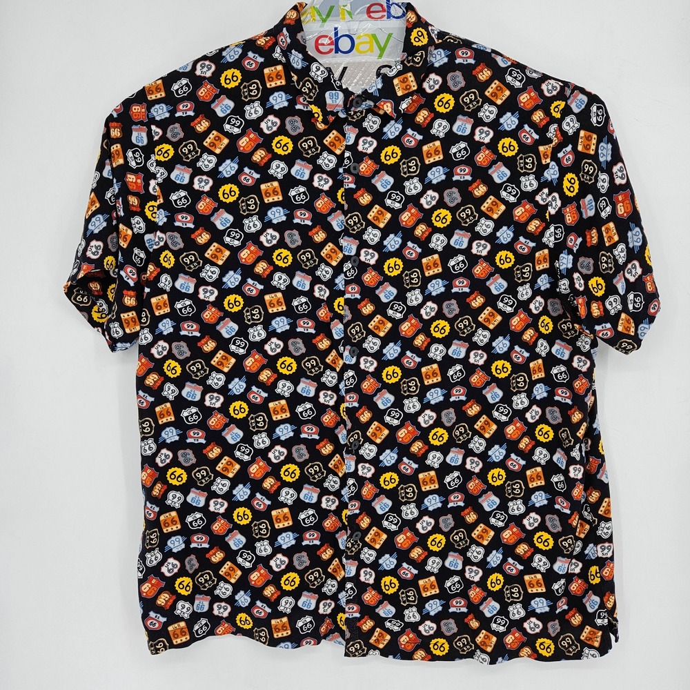 Disney Shirt Mens XXL Route 66 Cars Button Up Hawaiian Rayon All Over‎ Print